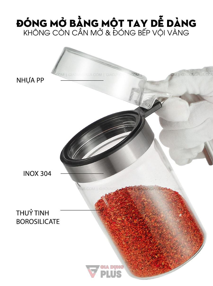 Hủ đựng gia vị nắp bật thuỷ tinh, có tay cầm Kuakue | Đóng mở bằng một tay, tiện lợi khi nấu nướng, không gây mất thời gian và công sức