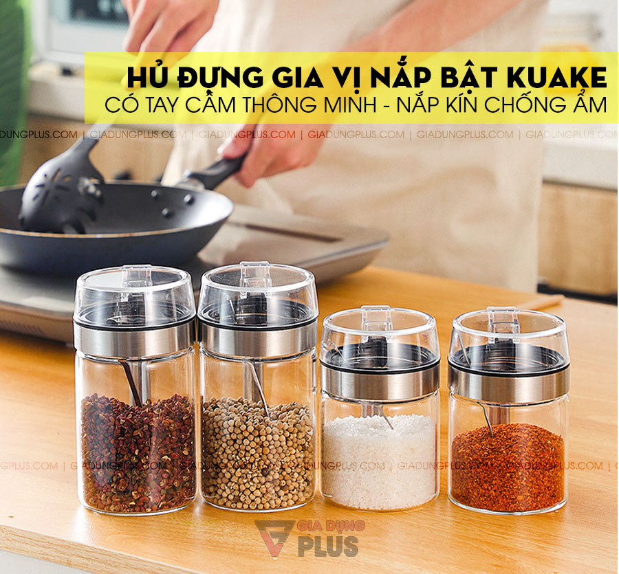 Hủ đựng gia vị nắp bật thuỷ tinh, có tay cầm Kuakue | Mẫu mới nhất 2021, được nhiều khách hàng yêu thích với nhiều cải tiến