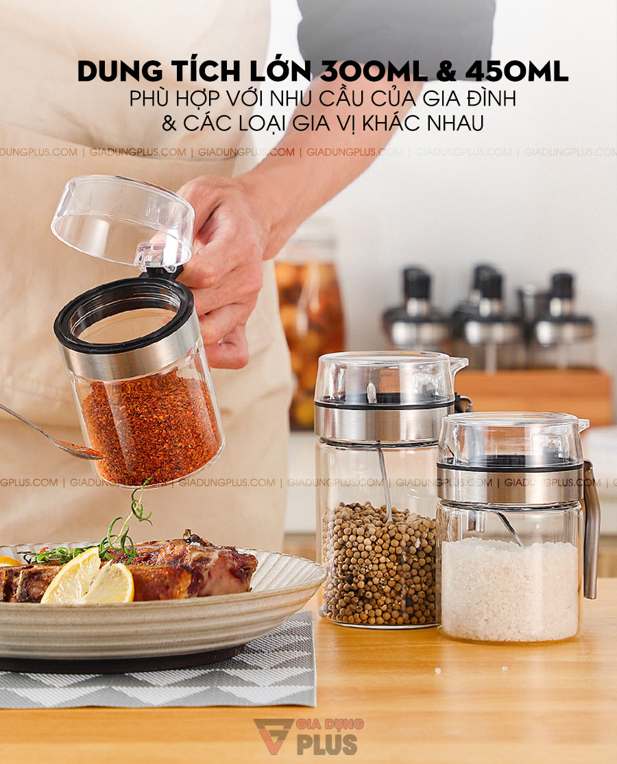 Hủ đựng gia vị nắp bật thuỷ tinh, có tay cầm Kuakue | Dung tích lớn 300ML & 450ML phù hợp cho gia đình và các loại gia vị khác nhau