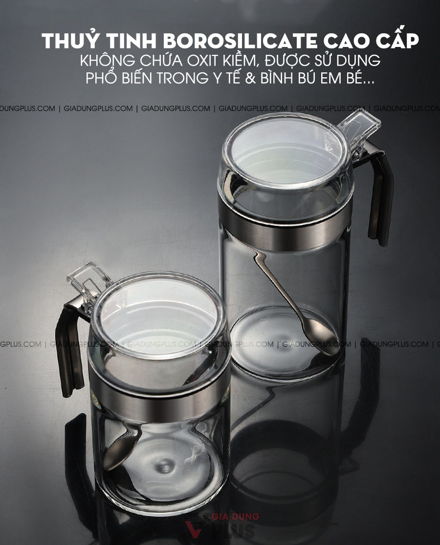 Hủ đựng gia vị nắp bật thuỷ tinh, có tay cầm Kuakue | Thuỷ tinh borosilicate cao cấp, không chứa kiềm được dùng nhiều trong lĩnh vực y tế vì an toàn cho sức khoẻ