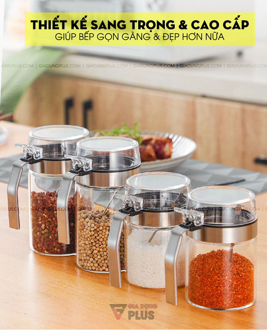 Hủ đựng gia vị nắp bật thuỷ tinh, có tay cầm Kuakue | Thiết kế mẫu mới, sang trọng và gọn gàng giúp bếp nhà bạn thêm bắt mắt và thu hút ánh nhìn