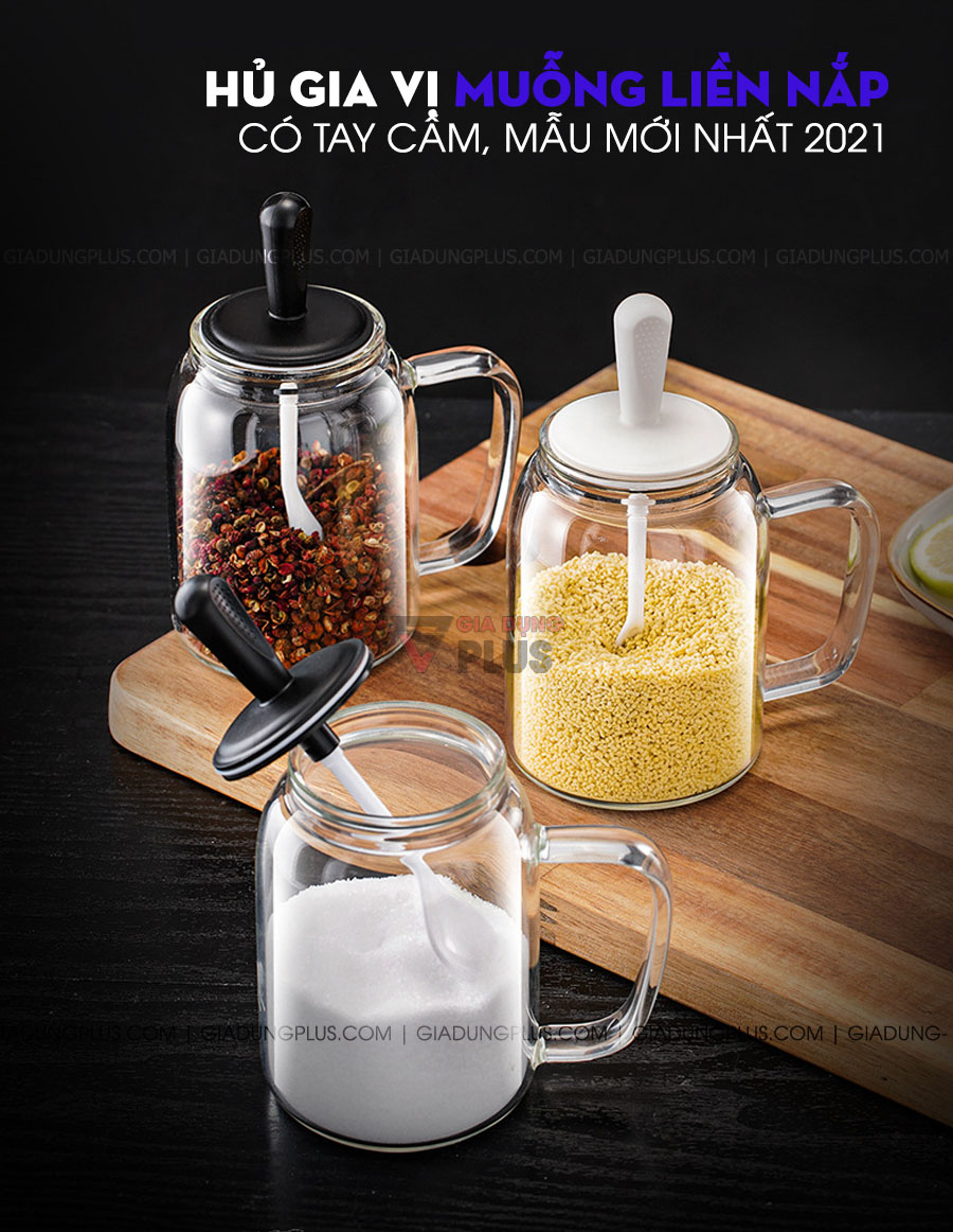 Lọ đựng gia vị thìa liền nắp thông minh có tay cầm Kuake mẫu mới | Tích hợp tay cầm nắm tiện lợi hơn, thiết kế bắt mắt hơn 