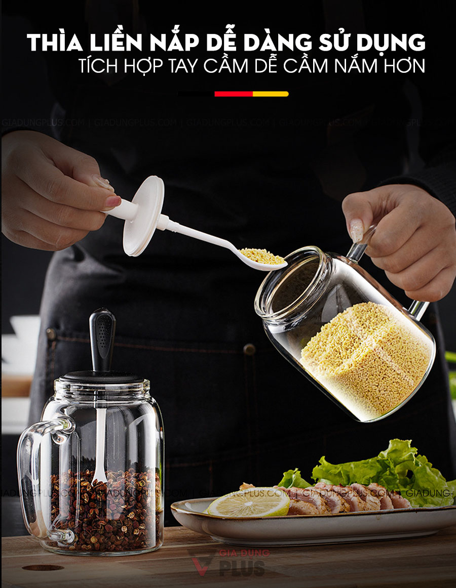 Lọ đựng gia vị thìa liền nắp thông minh có tay cầm Kuake mẫu mới | Thiết kế dễ dàng sử dụng với thìa liền nắp, tay cầm tiện lợi