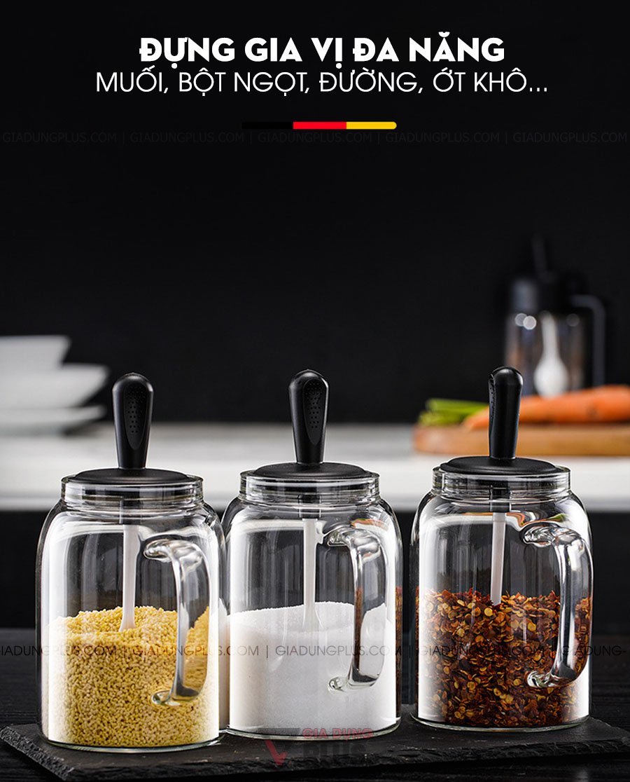 Lọ đựng gia vị thìa liền nắp thông minh có tay cầm Kuake mẫu mới | Đựng được các loại gia vị đa năng như đường, muối, bọt ngọt, ớt khô...