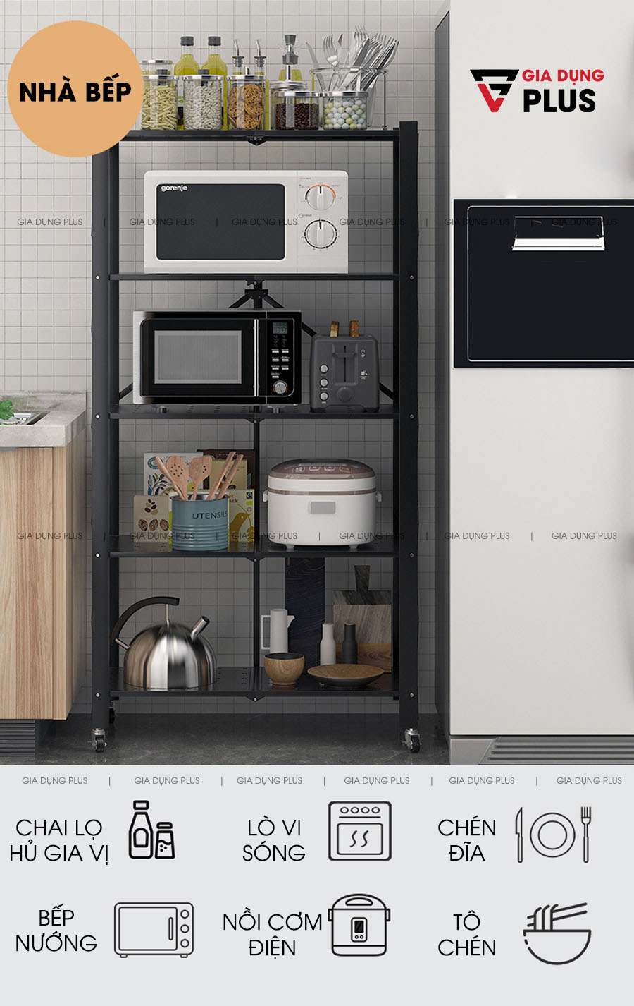 Đựng đồ đa năng cho nhà bếp, tất tần tật được để trên kệ gọn gàng như chai hủ gia vị, bếp nướng, lò vi sóng, nồi cơm điện... | Kệ đựng đồ đa năng gấp gọn thông minh thép carbon Nanjie