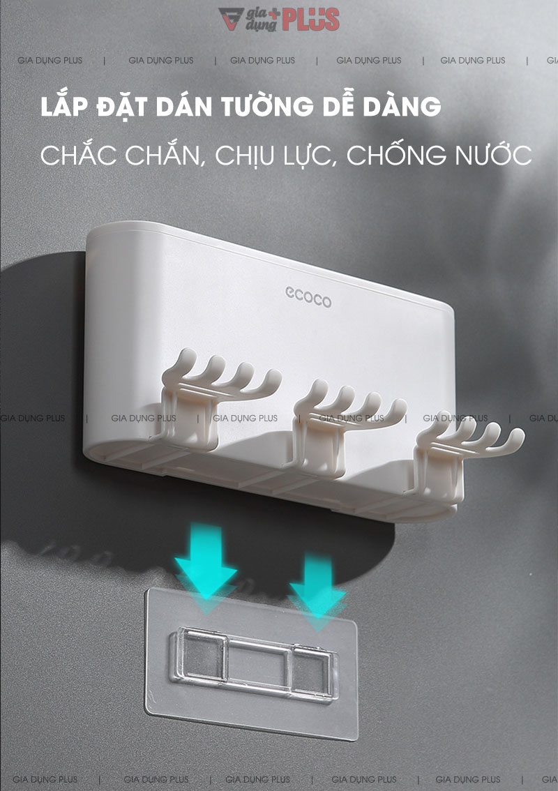 Dán tường bằng miếng dán tường chuyên dụng, chịu lực tốt và chống nước, được Gia Dụng Plus bảo hành 6 tháng | Hộp đựng bàn chải, đồ dùng cá nhân kèm cốc súng miệng trong suốt cao cấp Ecoco