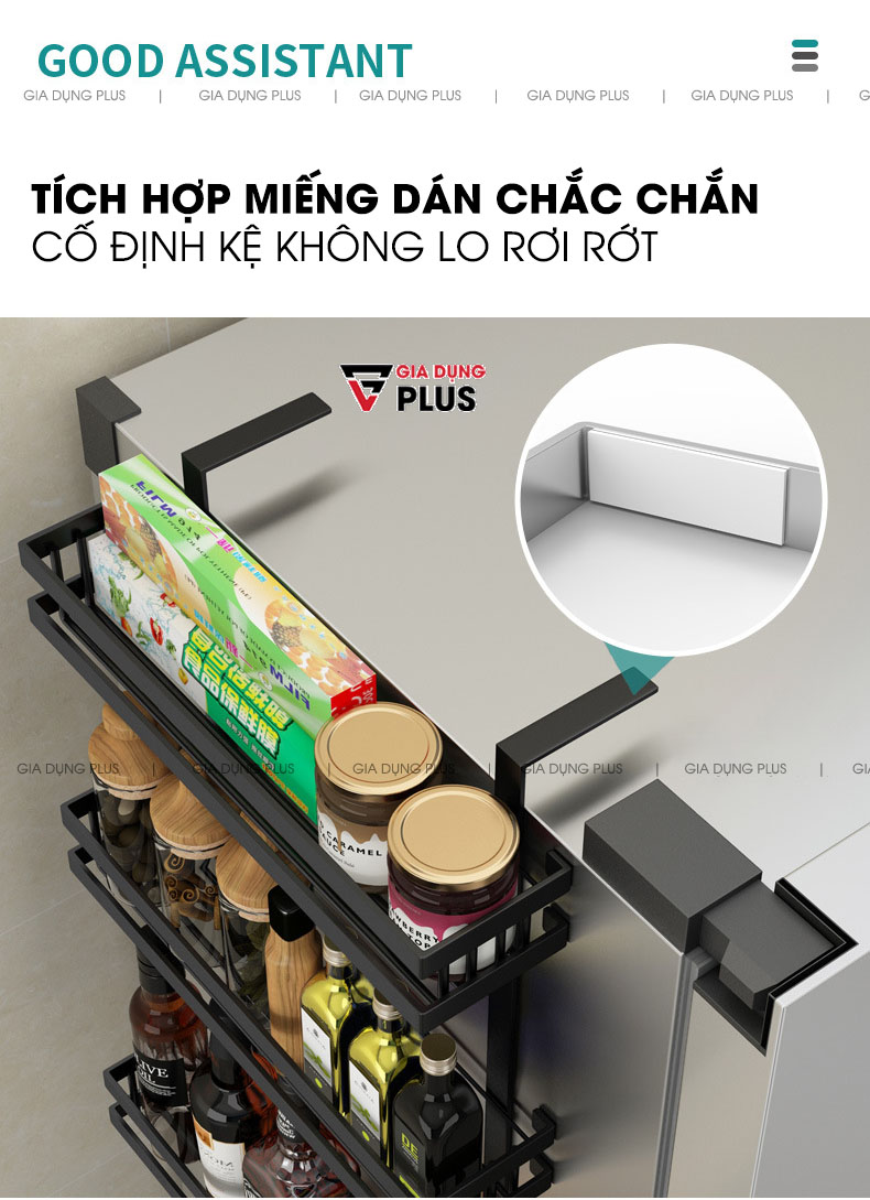 Tích hợp miếng dán chắc chắn 3M, ẩn bên dưới giúp kệ được cố định mà không sợ rơi rớt trong quá trình sử dụng  | Giỏ treo hông tủ lạnh đa năng thép carbon Nanjie