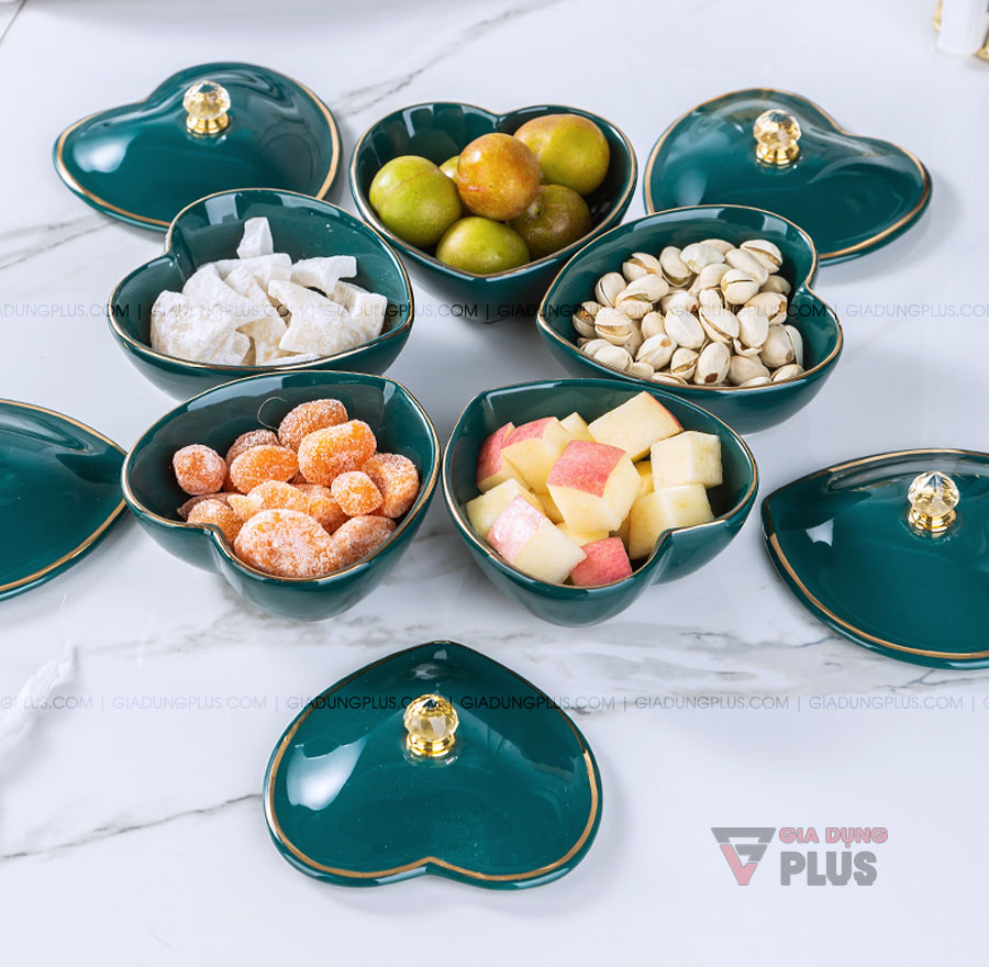 Bộ hộp đựng kẹo mứt bằng sứ gốm xanh ngọc, hình trái tim 5 cánh | Mua sắm ngay trên Gia Dụng Plus để được mức giá tốt nhất thị trường