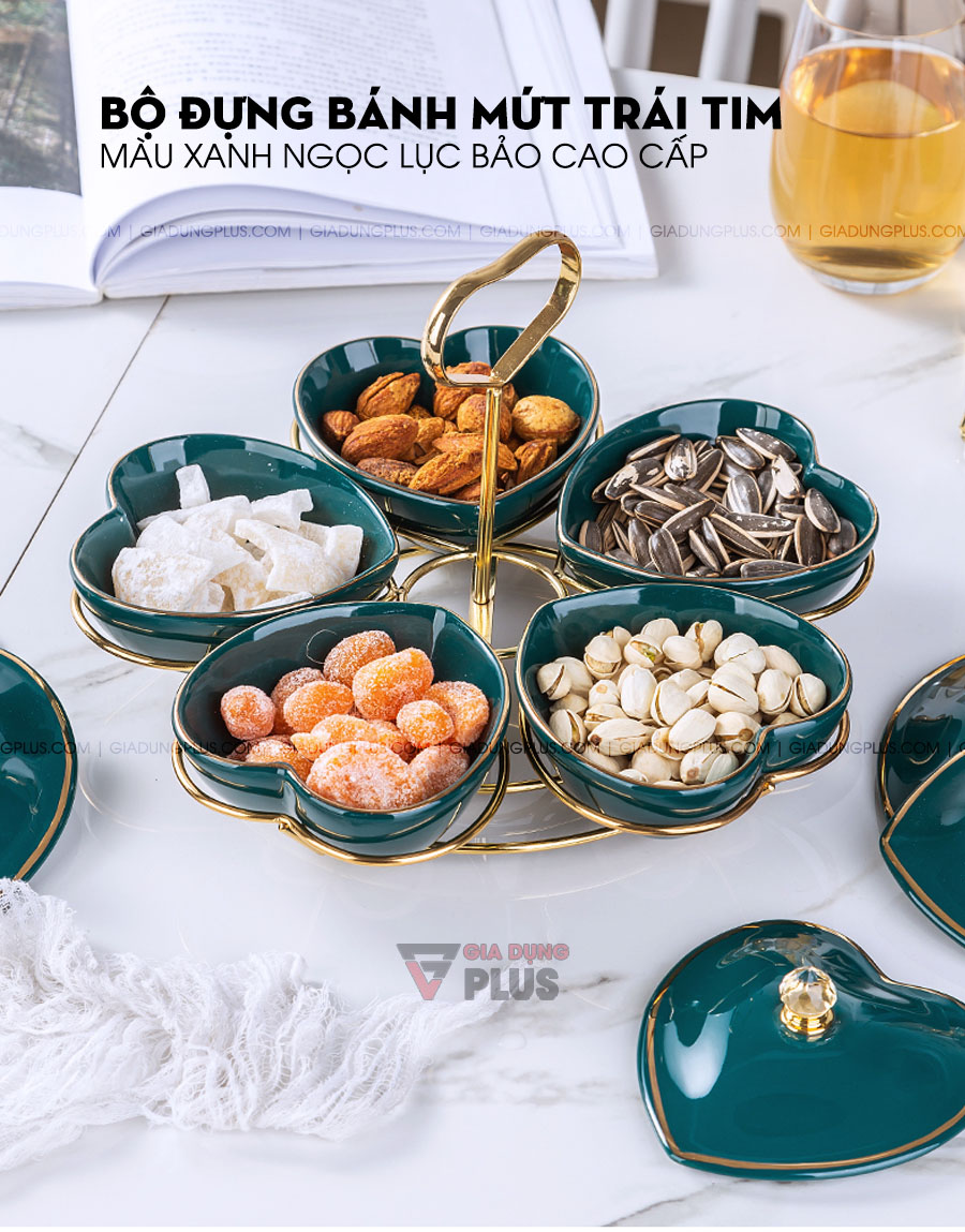 Bộ hộp đựng kẹo mứt bằng sứ gốm xanh ngọc, hình trái tim 5 cánh | Pha trộn giữa sự dễ thương và sang trọng, màu xanh ngọc lục bảo vẫn là chủ đạo và màu vàng là điểm nhấn