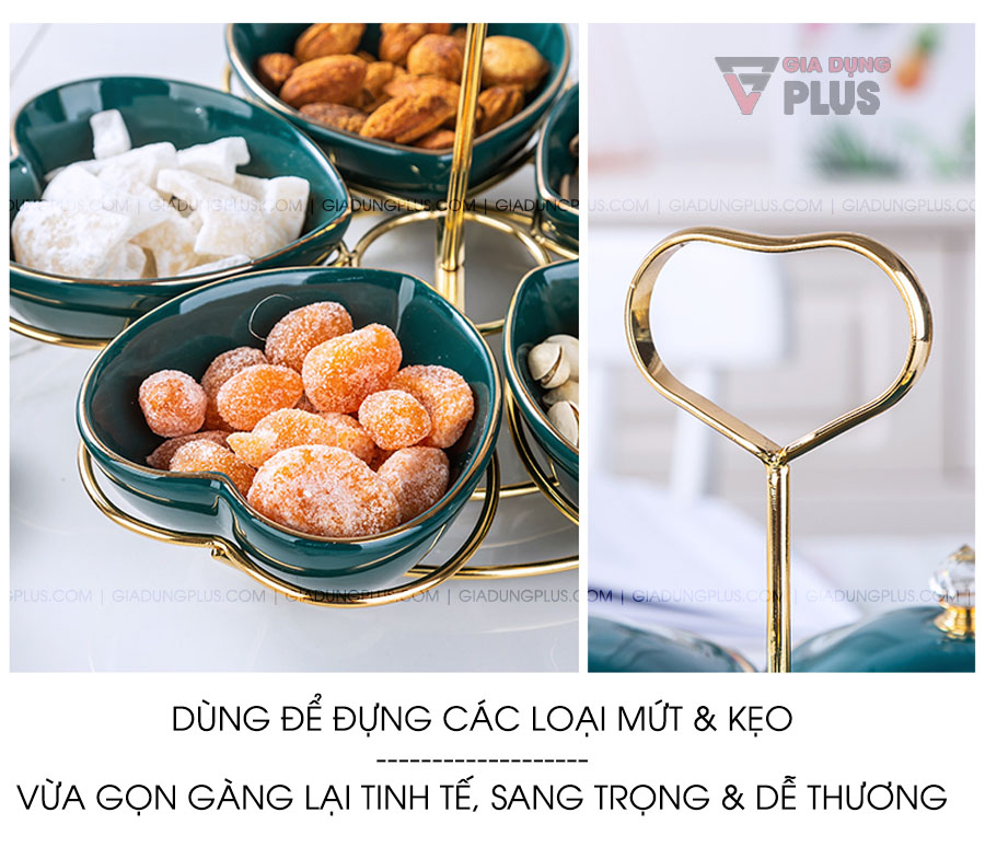 Bộ hộp đựng kẹo mứt bằng sứ gốm xanh ngọc, hình trái tim 5 cánh | Đựng được các loại như trái cây, bánh kẹo, mứt, đồ ăn vặt...