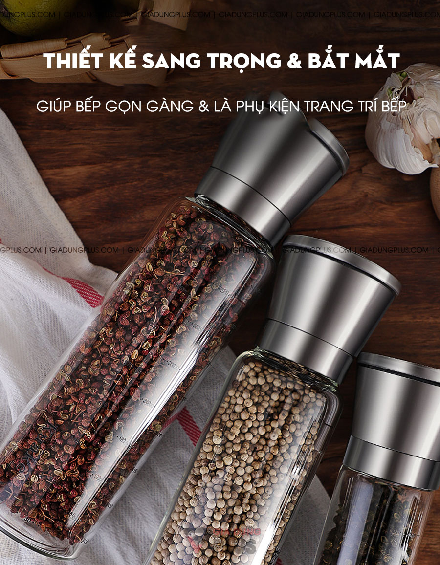 Lọ xay tiêu cầm tay thuỷ tinh cao cấp Kuake | Có thiết kế sang trọng và bắt mắt, không những giúp bếp tiện lợi mà còn sang trọng và gọn gàng hơn
