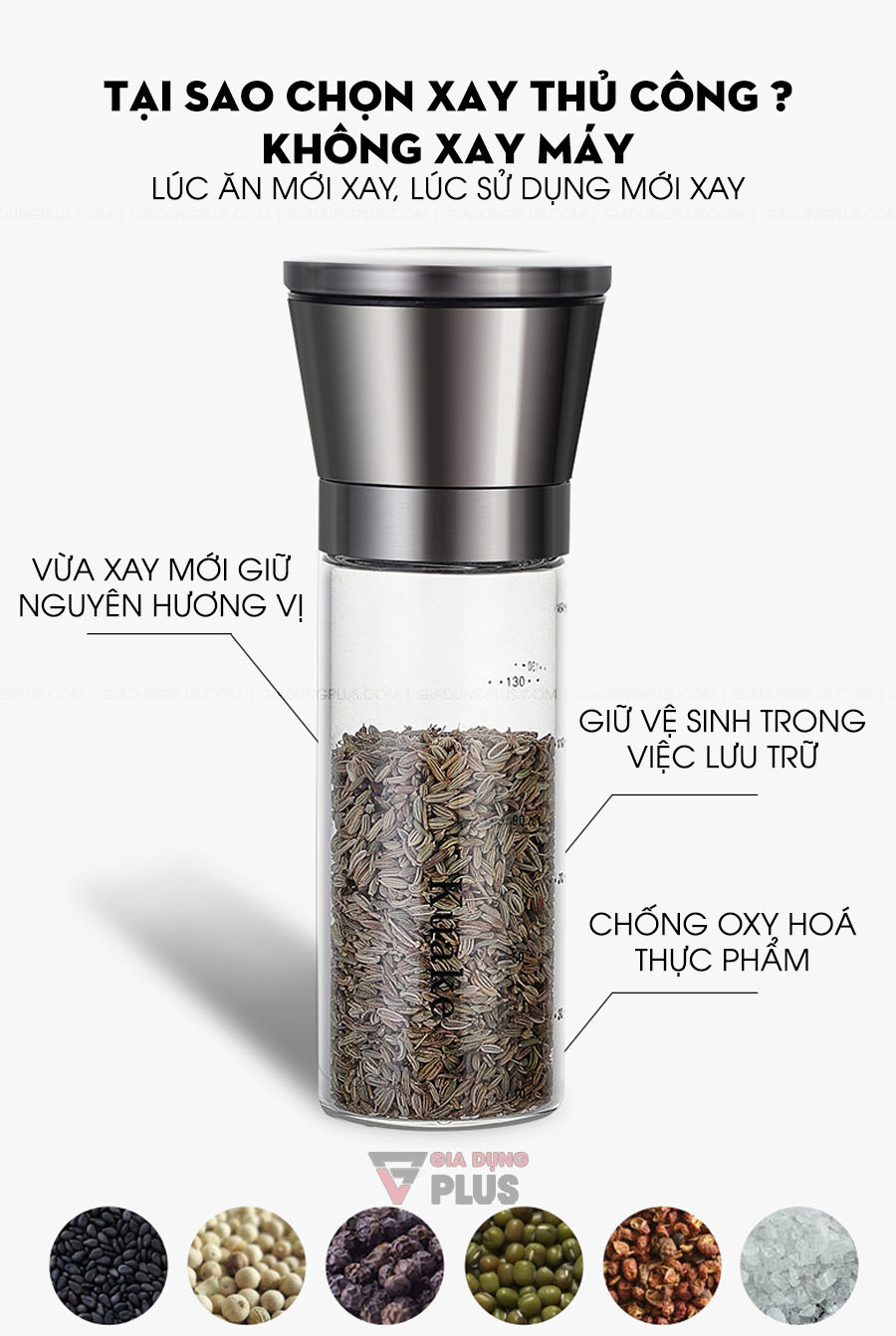 Lọ xay tiêu cầm tay thuỷ tinh cao cấp Kuake | Lý do tại sao phải sử dụng hủ xay tiêu thủ công so với cách xay máy hàng loạt thông thường