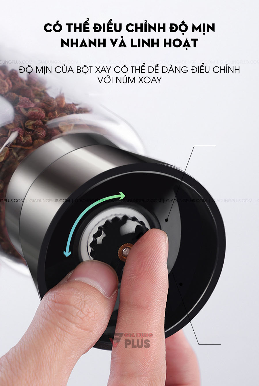 Lọ xay tiêu cầm tay thuỷ tinh cao cấp Kuake | Có thể điều chỉnh độ mịn của bột hương liệu xay ra giúp cảm giác trọn vẹn hơn