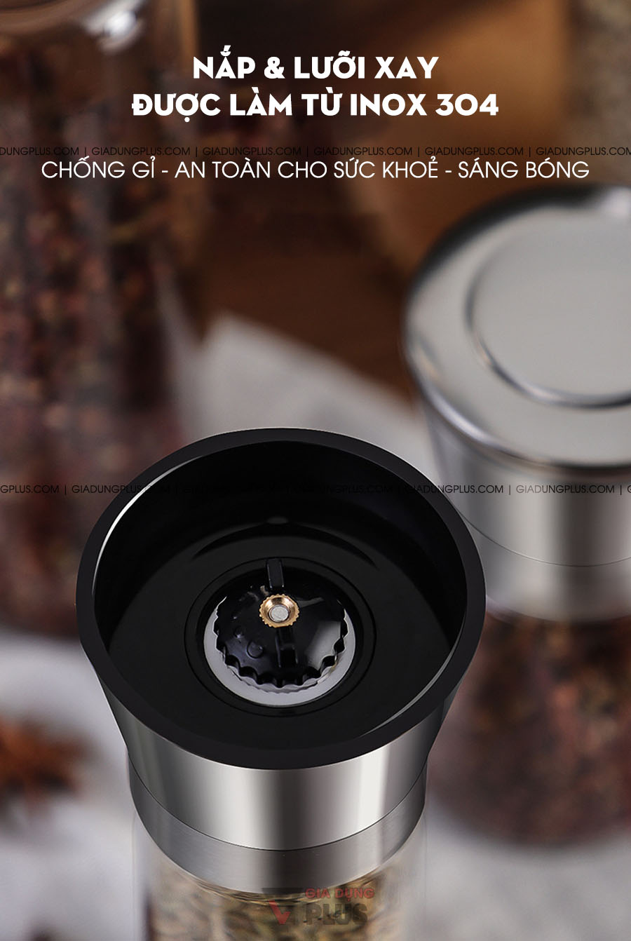 Lọ xay tiêu cầm tay thuỷ tinh cao cấp Kuake | Được làm từ INOX 304 cao cấp, chống gỉ & luôn sáng bóng, an toàn cho sức khoẻ