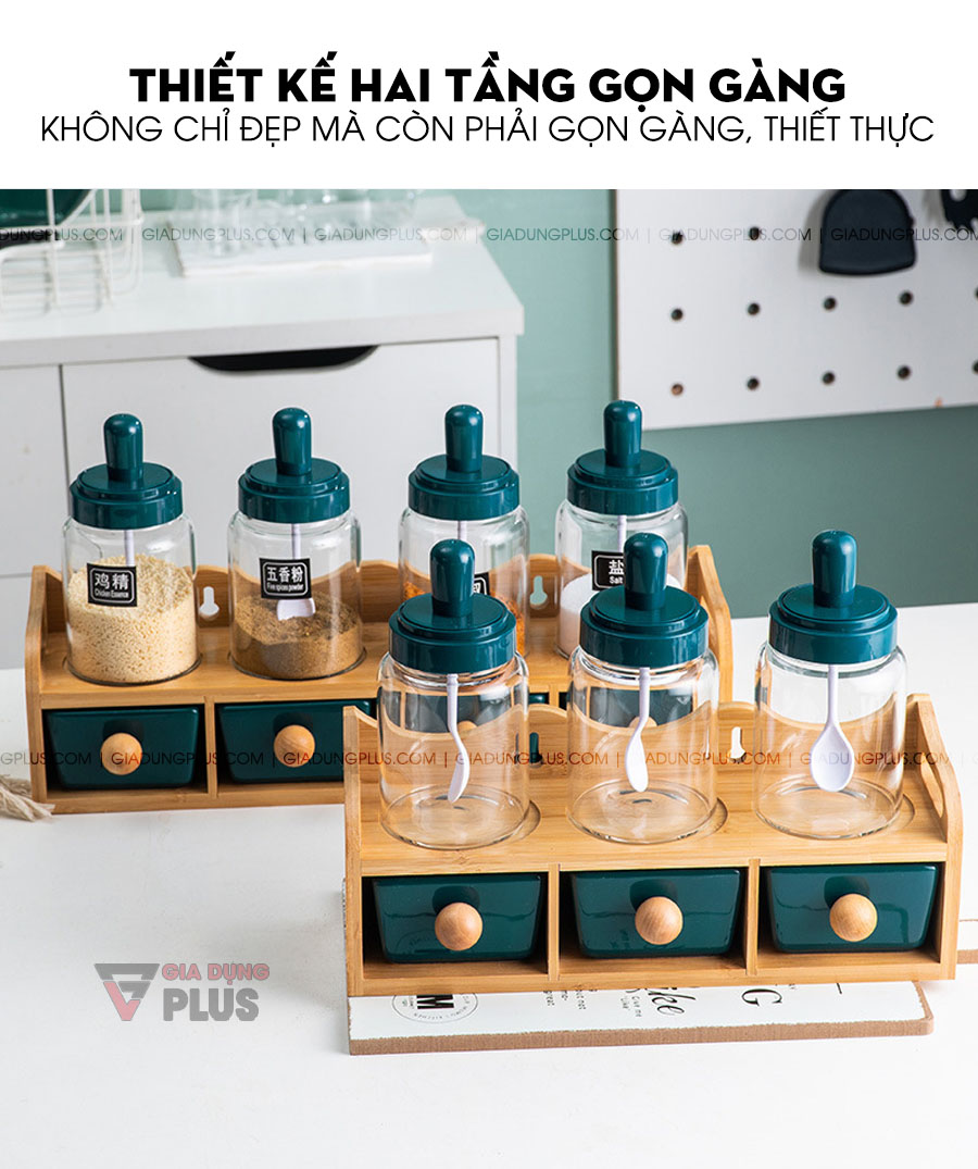Set đựng gia vị thìa liền nắp & hủ gia vị sứ ngăn kéo kèm kệ gỗ | Không chỉ thiết kế đẹp mà còn rất thiết thực và tiện lợi trong quá trình sử dụng