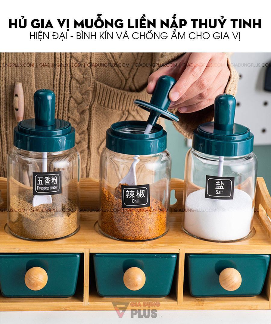 Set đựng gia vị thìa liền nắp & hủ gia vị sứ ngăn kéo kèm kệ gỗ | Hủ gia vị muỗng liền nắp lớn, kín và giúp chống ẩm cho gia vị