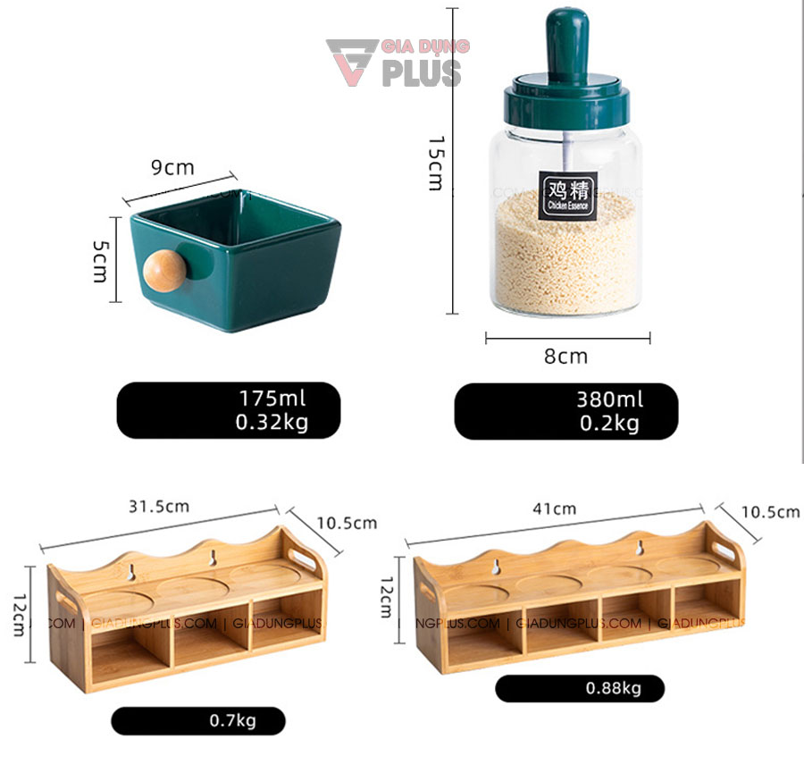 Set đựng gia vị thìa liền nắp & hủ gia vị sứ ngăn kéo kèm kệ gỗ | Kích thước và dung tích, cân nặng của các thành phần trong bộ