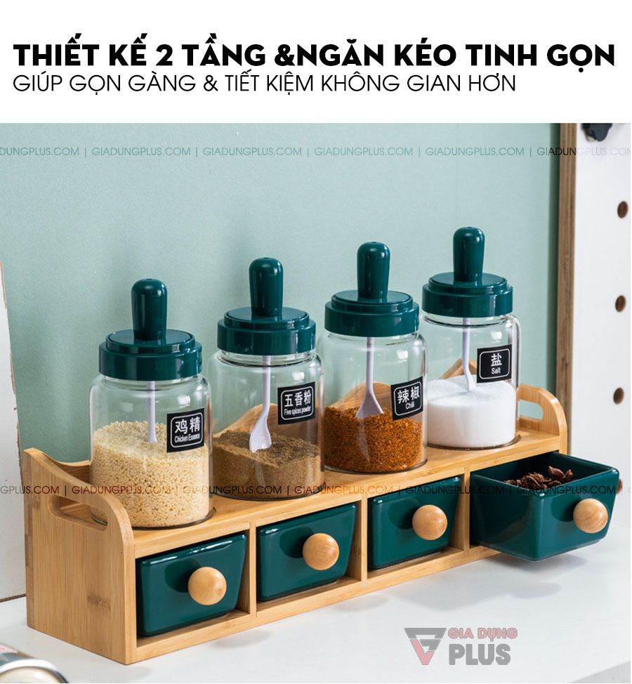 Set đựng gia vị thìa liền nắp & hủ gia vị sứ ngăn kéo kèm kệ gỗ | Thiết kế hai tầng gọn gàng thiết kiệm không gian tối đa cho nhà bếp