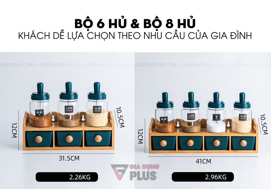 Set đựng gia vị thìa liền nắp & hủ gia vị sứ ngăn kéo kèm kệ gỗ | Có bộ 6 hộp và bộ 8 hộp cho khách hàng chọn lựa theo nhu cầu của gia đình
