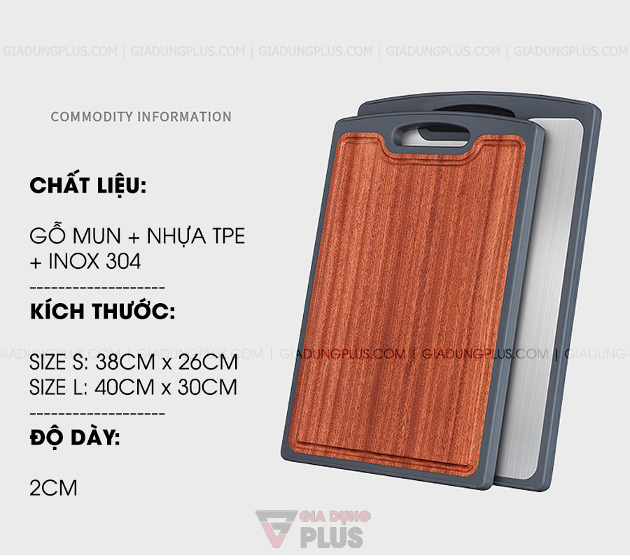 Thớt hai lớp gỗ mun nguyên tấm & INOX 304 cao cấp Jianxia | Kích thước và thông số sản phẩm