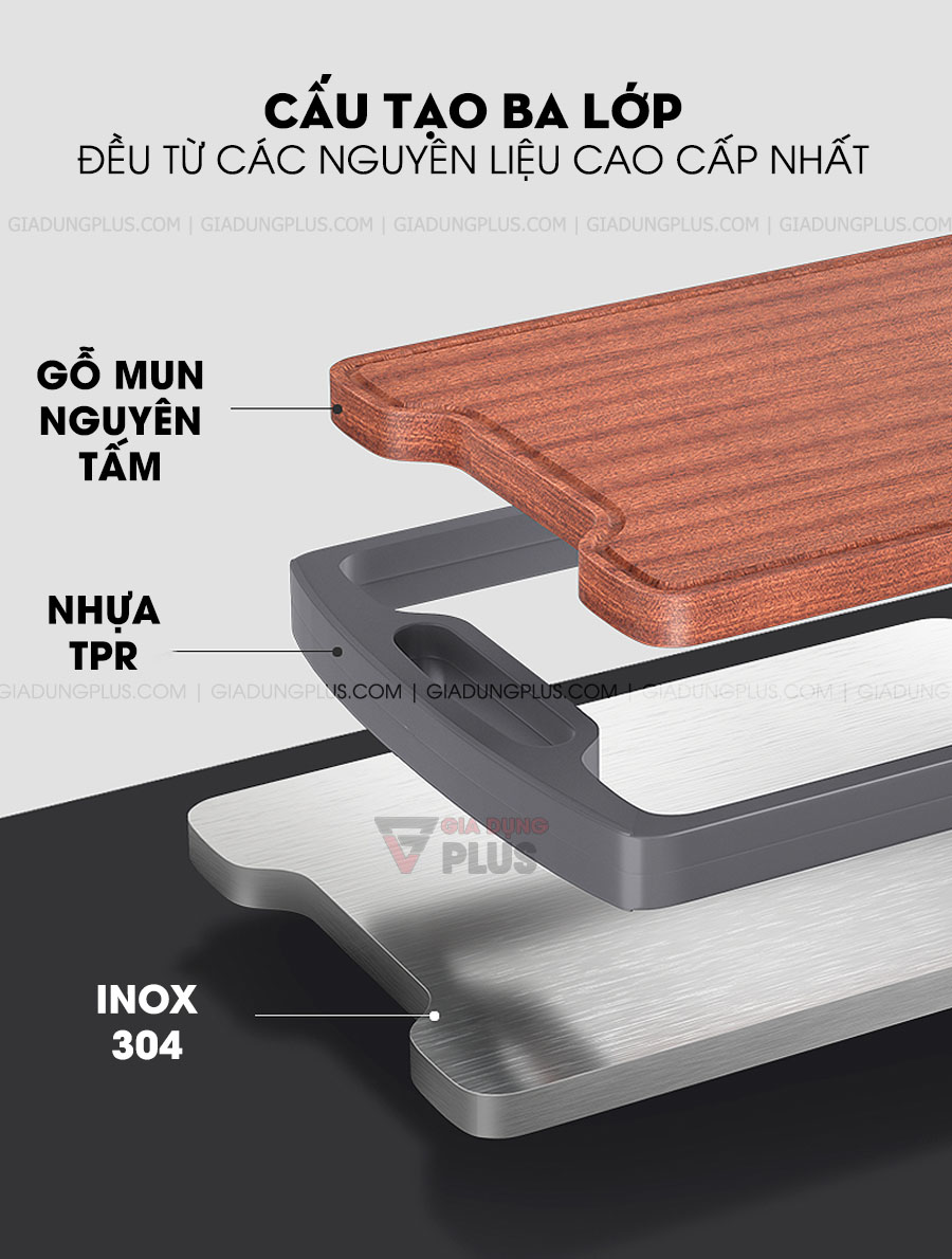 Thớt hai lớp gỗ mun nguyên tấm & INOX 304 cao cấp Jianxia | Gồm 3 thành phần: gỗ mun nguyên tấm, khớp nối từ nhựa TPE & INOX 304 nguyên khối