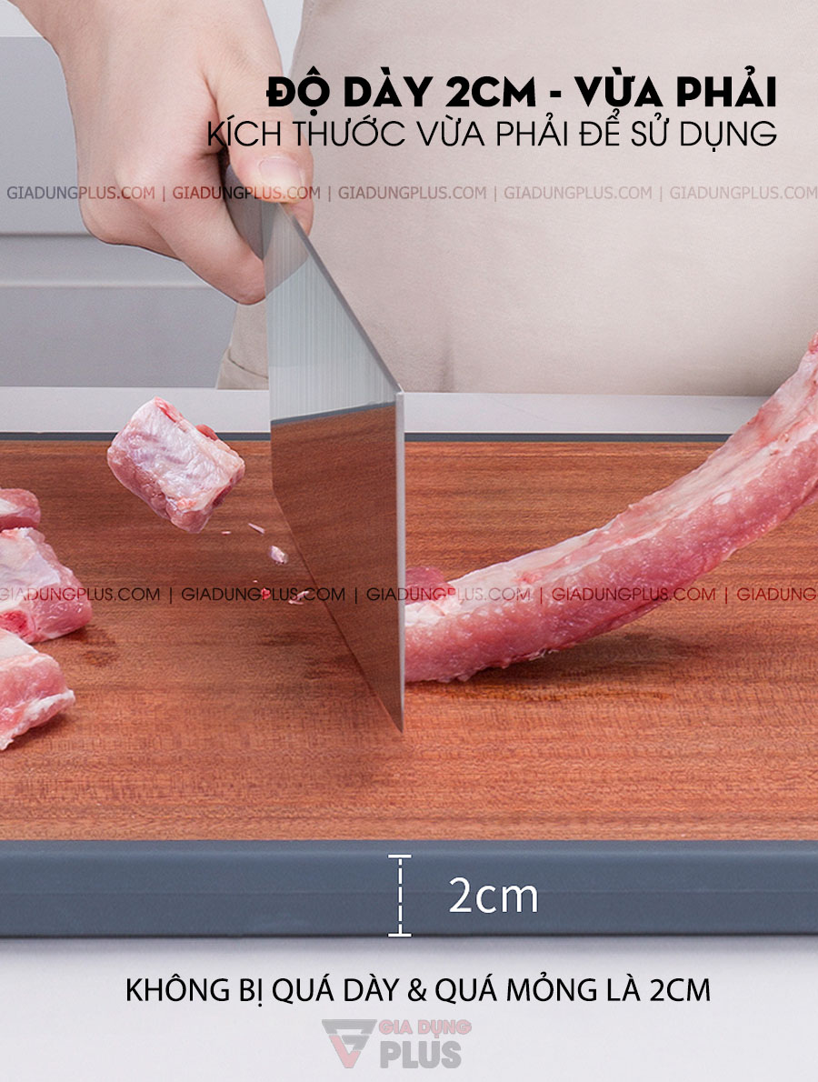 Thớt hai lớp gỗ mun nguyên tấm & INOX 304 cao cấp Jianxia | Thớt có độ dày là 2cm - không quá dày và không quá mỏng, hợp lý để sử dụng