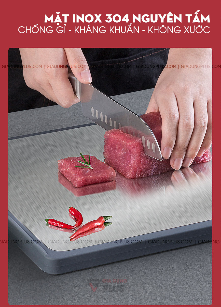 Thớt hai lớp gỗ mun nguyên tấm & INOX 304 cao cấp Jianxia | Mặt INOX 304 cao cấp, chống gỉ & kháng khuẩn cực tốt