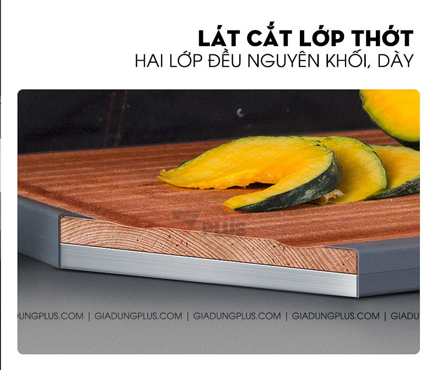 Thớt hai lớp gỗ mun nguyên tấm & INOX 304 cao cấp Jianxia | Lát cắt của thớt - 2 lớp đều dày và nguyên khối, chất lượng cao