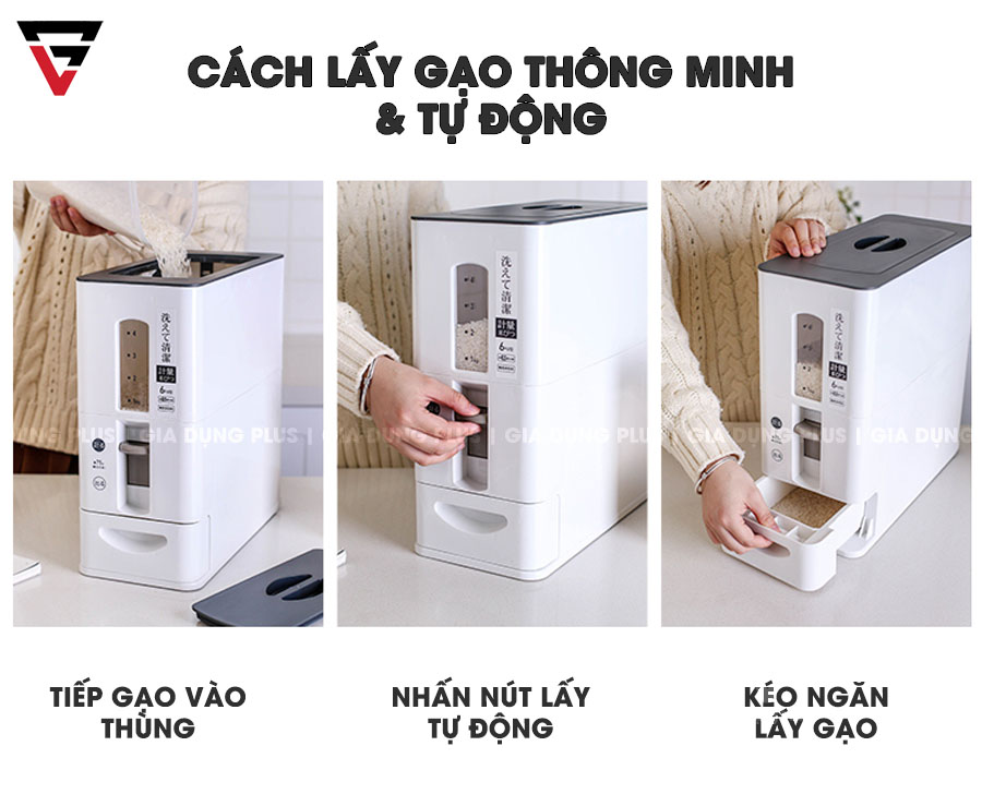 Cách lấy gạo tự động, thông minh - Hộp đựng gạo thông minh xuất Nhật 12KG Jianxia