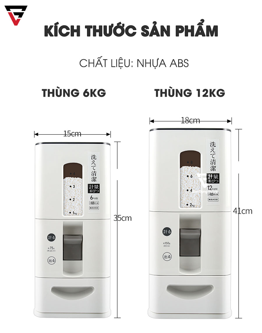Kích thước sản phẩm - Hộp đựng gạo thông minh xuất Nhật 12KG Jianxia