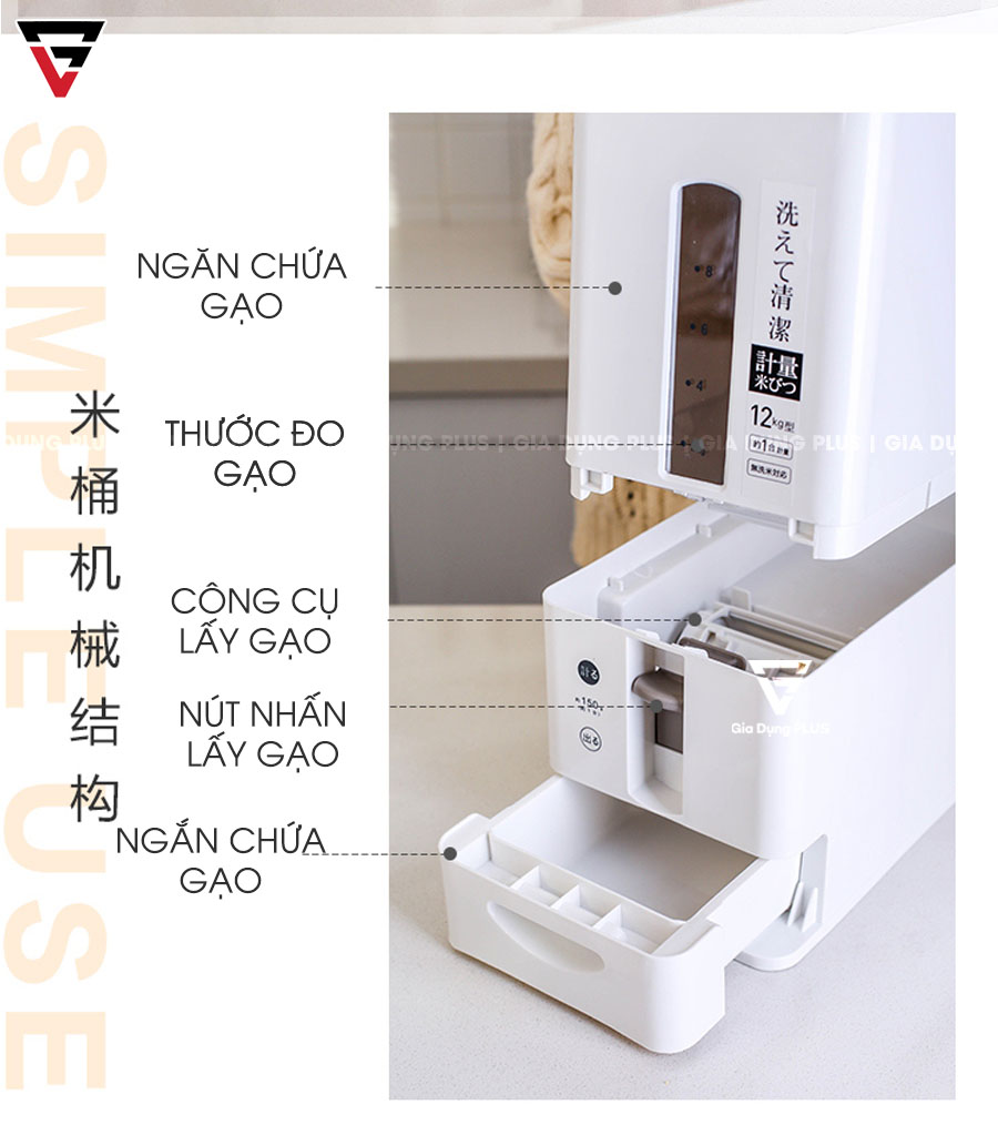 Hộp đựng gạo thông minh xuất Nhật 12KG Jianxia có cấu tạo & thiết kế thông minh