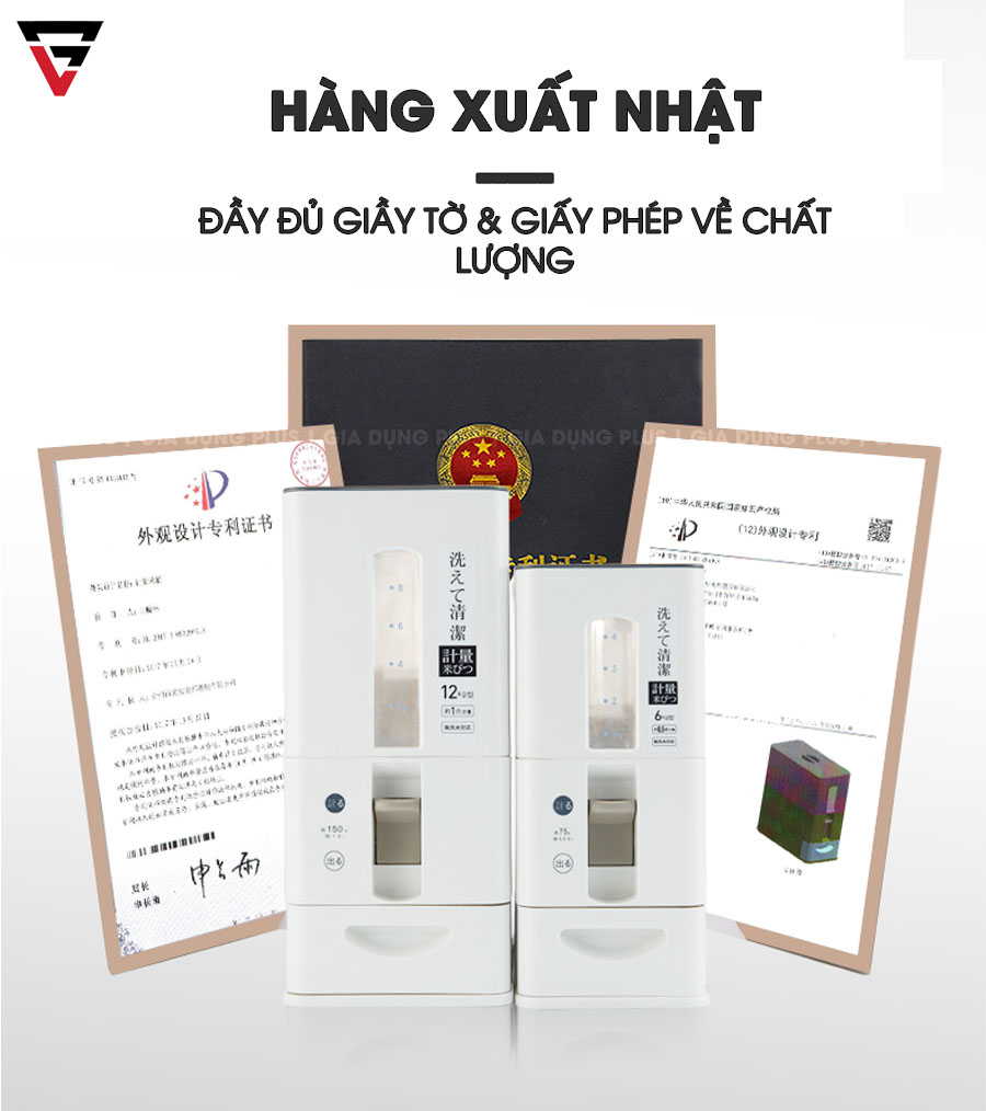 Hộp đựng gạo thông minh xuất Nhật 12KG Jianxia có đầy đủ giấy tờ và chứng nhận về an toàn sức khoẻ cho người sử dụng