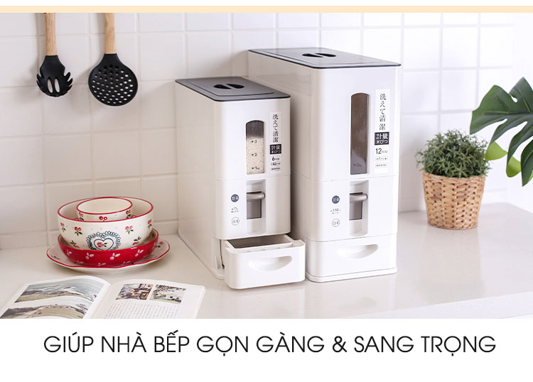 Hộp đựng gạo thông minh xuất Nhật 12KG Jianxia giúp nhà bếp gọn gàng và sang trọng. 