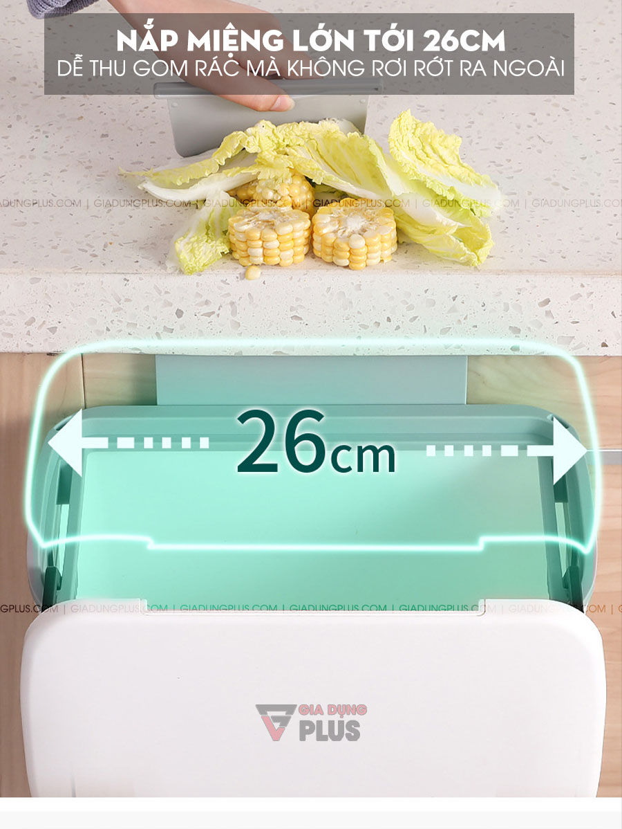 Thùng rác kẹp cánh tủ có nắp trượt đậy kín thông minh | Miệng thùng lớn giúp dễ gom rác mà không bị rơi rớt ra ngoài tới 26cm