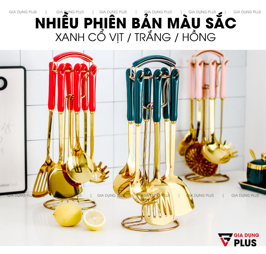 Với 3 phiên bản màu sắc là xanh cổ vịt, trắng, hồng cho khách hàng lựa chọn theo màu sắc yêu thích  | Bộ thìa muôi muỗng xẻng nấu ăn đa năng 7 món tay cầm sứ cao cấp QH