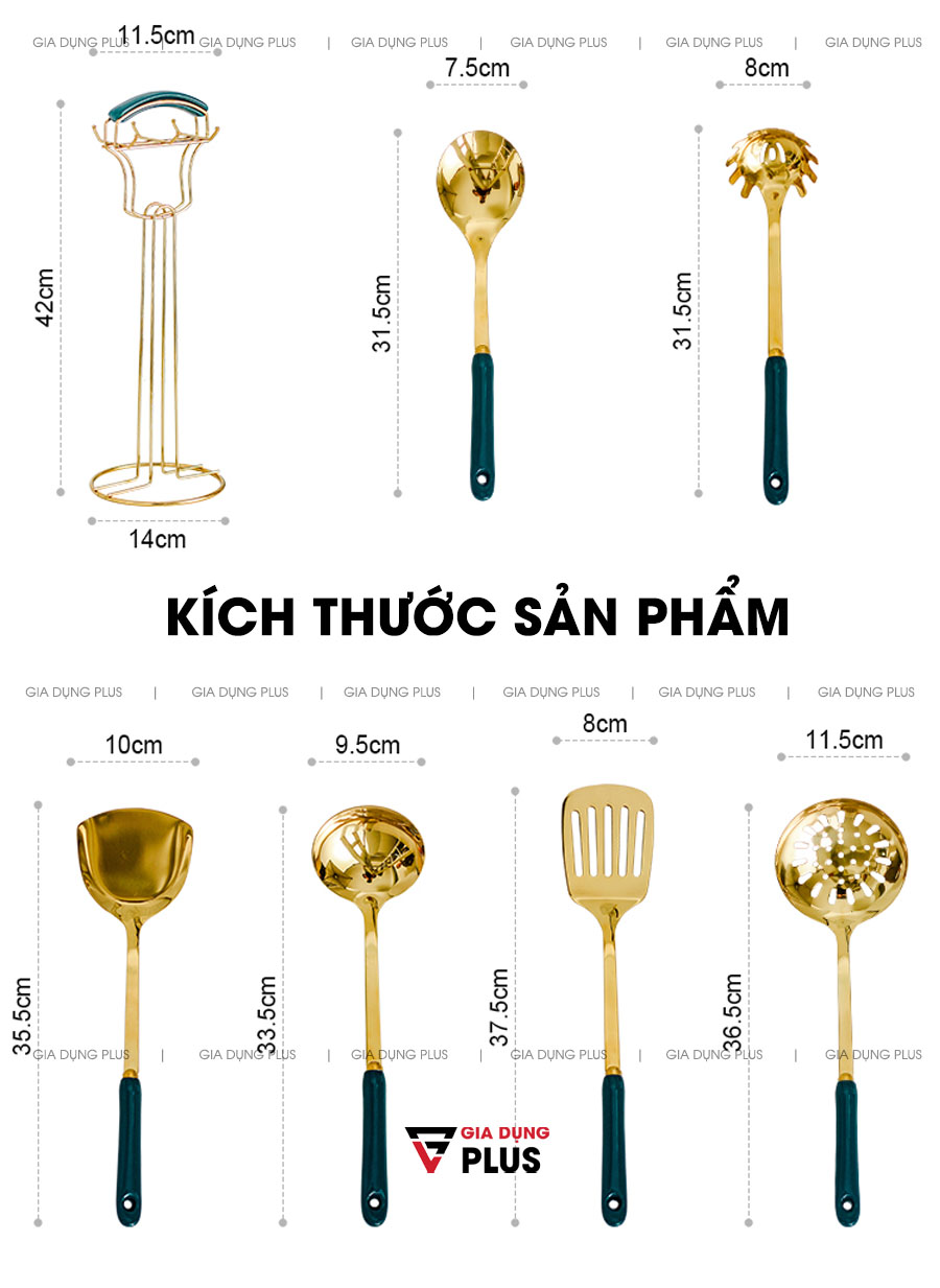 Kích thước của từng loại muỗng, muôi, xẻng và giá đỡ  | Bộ thìa muôi muỗng xẻng nấu ăn đa năng 7 món tay cầm sứ cao cấp QH