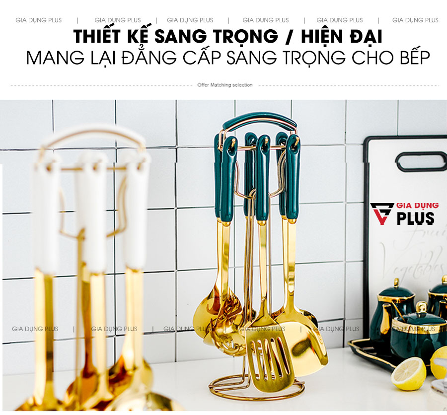 Thiết kế sang trọng & đẳng cấp, mang lại nét cổ điển quý tộc cho căn bếp của nhà bạn  | Bộ thìa muôi muỗng xẻng nấu ăn đa năng 7 món tay cầm sứ cao cấp QH