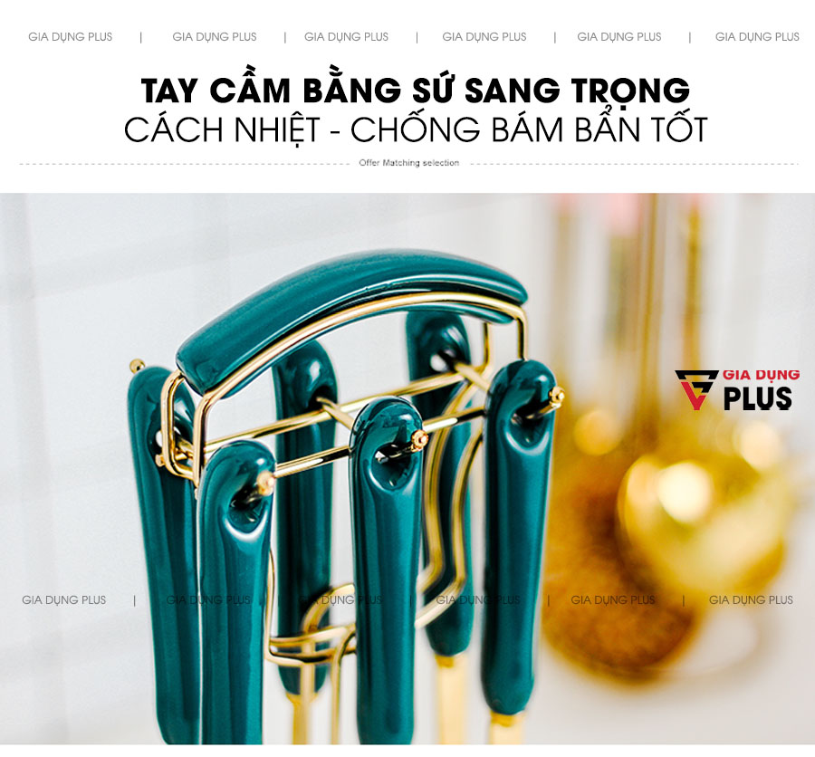 Tay cầm bằng sứ giúp cách nhiệt tốt, chống bẩm bẩn và đặc biệt là sang trọng hơn  | Bộ thìa muôi muỗng xẻng nấu ăn đa năng 7 món tay cầm sứ cao cấp QH