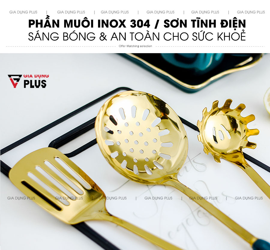 Phần muôi được làm từ inox 304 cao cấp, đảm bảo sức khoẻ và chống gỉ tốt trong điều kiện môi trường nhà bếp  | Bộ thìa muôi muỗng xẻng nấu ăn đa năng 7 món tay cầm sứ cao cấp QH