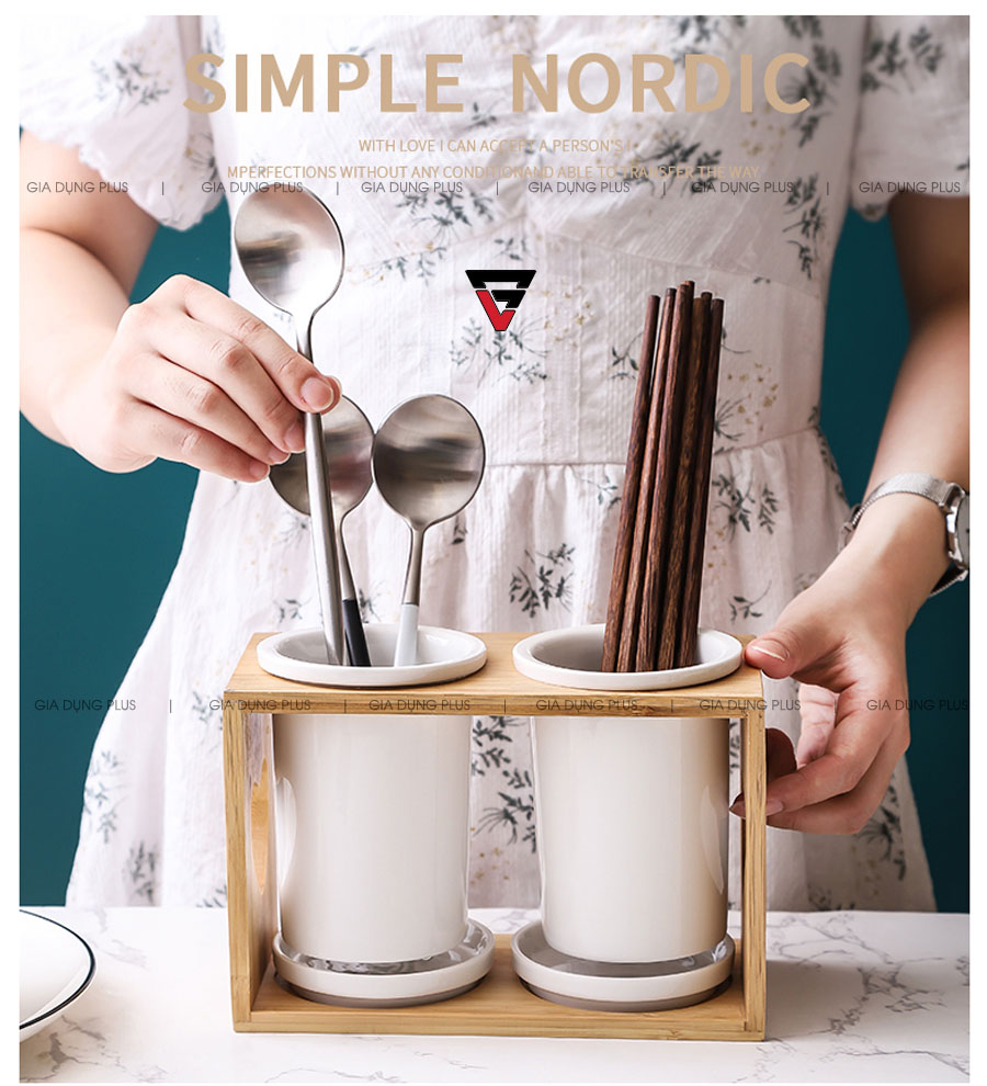 Mua ngay, hàng có sẵn và giá tốt nhất Việt Nam  | Bộ ống đựng đũa sứ trắng kèm kệ gỗ đa năng đặt bàn, phong cách Nhật Bản PL0686