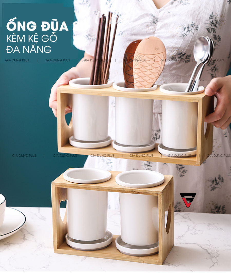 Ống Đựng Đũa Muỗng Thìa Bằng Sứ Đa Năng Kèm Kệ Gỗ Chắc Chắn Phong Cách Nhật Bản