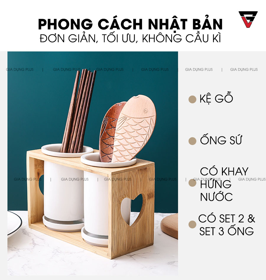 Phong cách nhật bản, đơn giản tối ưu mà không cầu kì | Bộ ống đựng đũa sứ trắng kèm kệ gỗ đa năng đặt bàn, phong cách Nhật Bản PL0686
