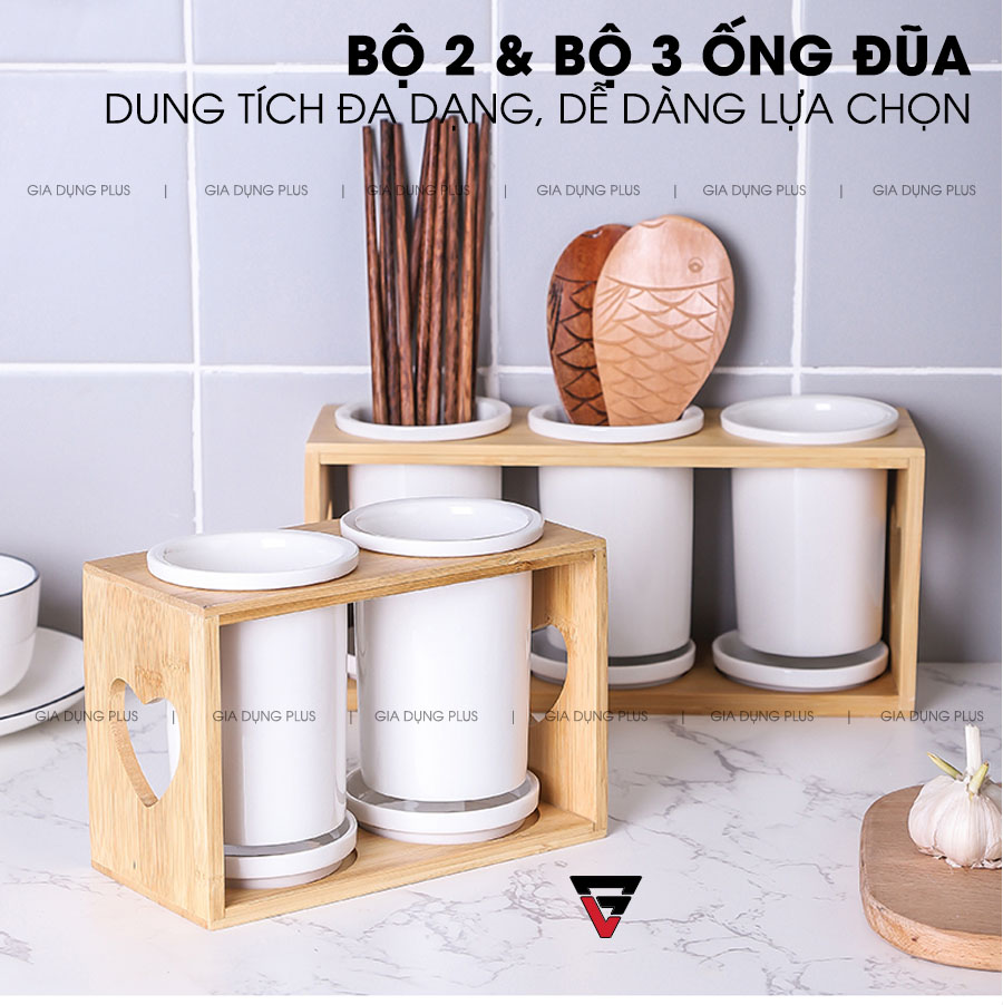 Dung tíhc lớn với bộ 2 và bộ 3 ống đũa  | Bộ ống đựng đũa sứ trắng kèm kệ gỗ đa năng đặt bàn, phong cách Nhật Bản PL0686