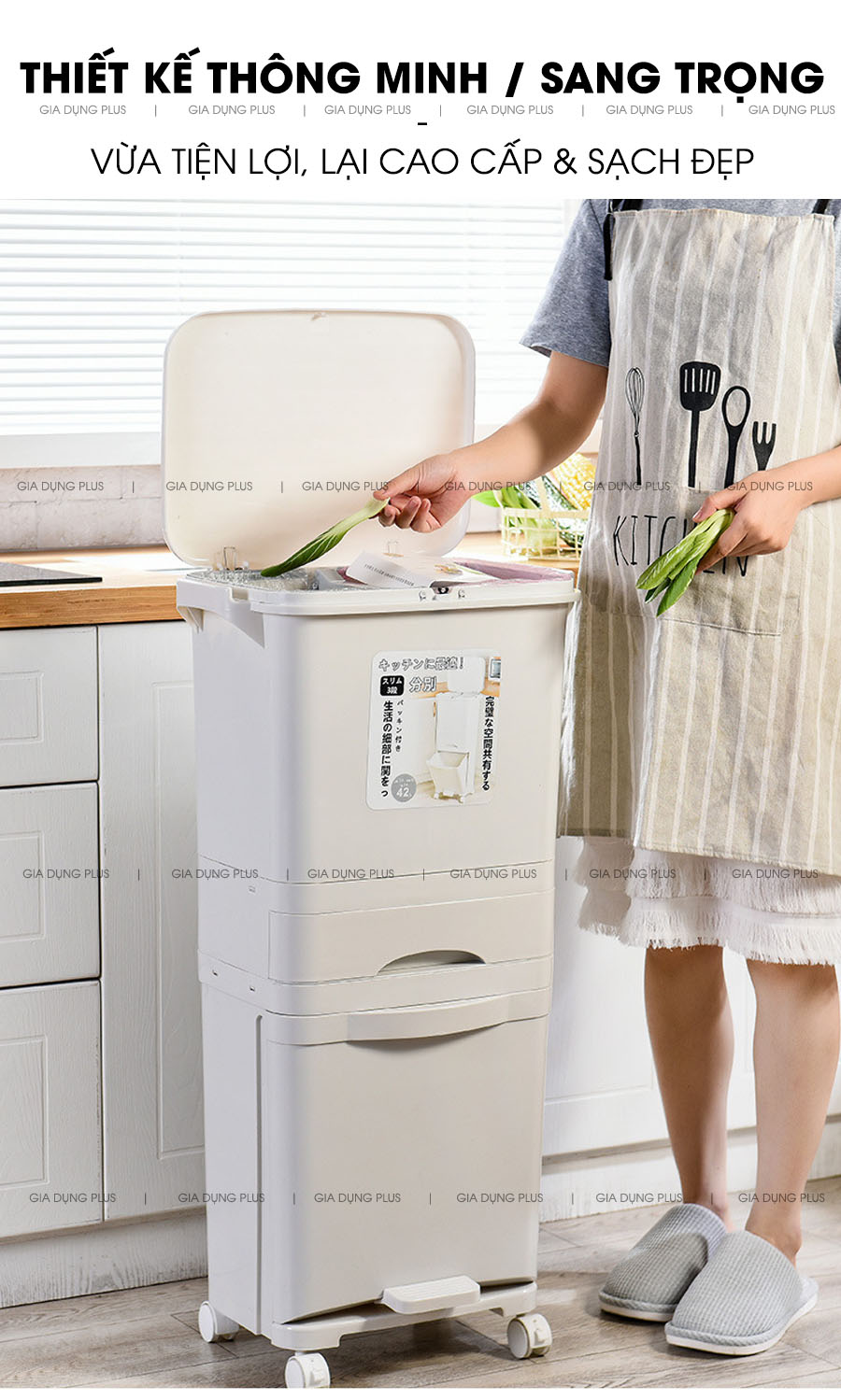 Thiết kế vừa sang trọng cao cấp như 1 món đồ trang trí thẫm mỹ cho nhà bếp lại giúp bếp gọn gàng  | Thùng rác 3 tầng xuất Nhật nhựa ABS cao cấp thông minh