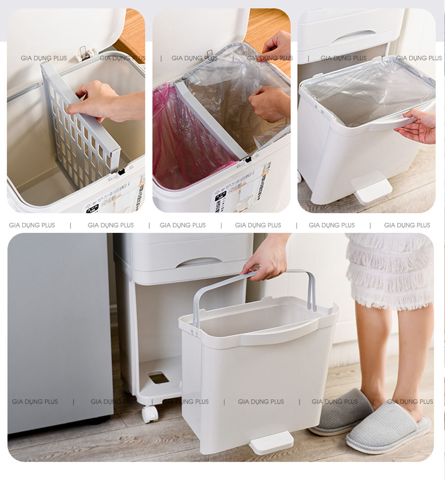 Phân chia ngăn rác dễ dàng, có tay cầm nắm và thanh chắn giữ bọc đựng rác giúp quá trình đổ rác và gom rác dễ dàng hơn | Thùng rác 3 tầng xuất Nhật nhựa ABS cao cấp thông minh