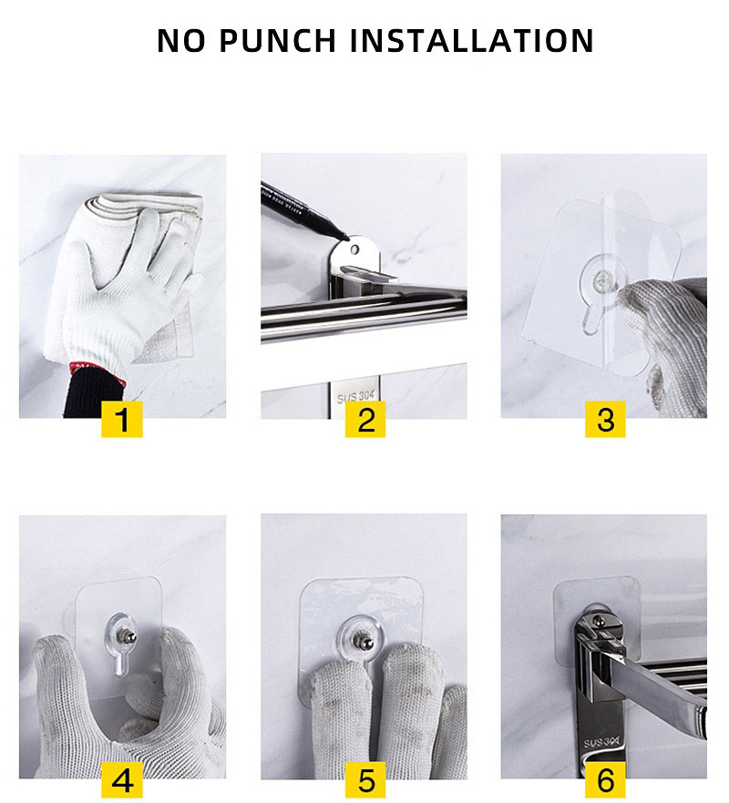 Kệ đựng đồ đa năng inox, kèm thanh treo khăn cho phòng tắm Moyang | Cách lắp đặt bằng dán tường