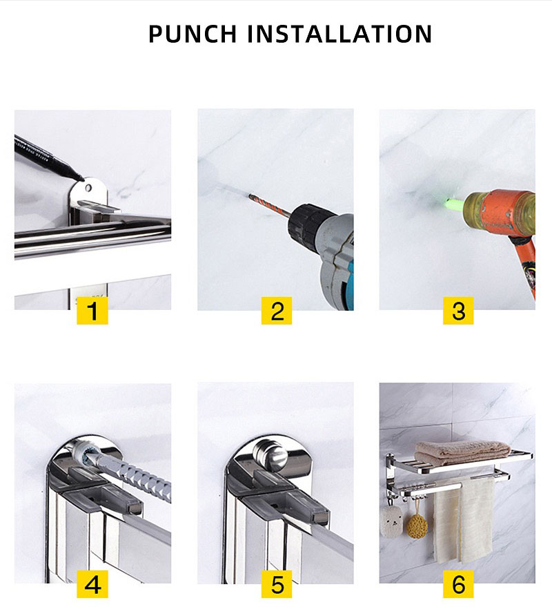 Kệ đựng đồ đa năng inox, kèm thanh treo khăn cho phòng tắm Moyang | Cách lắp đặt bằng khoan tường