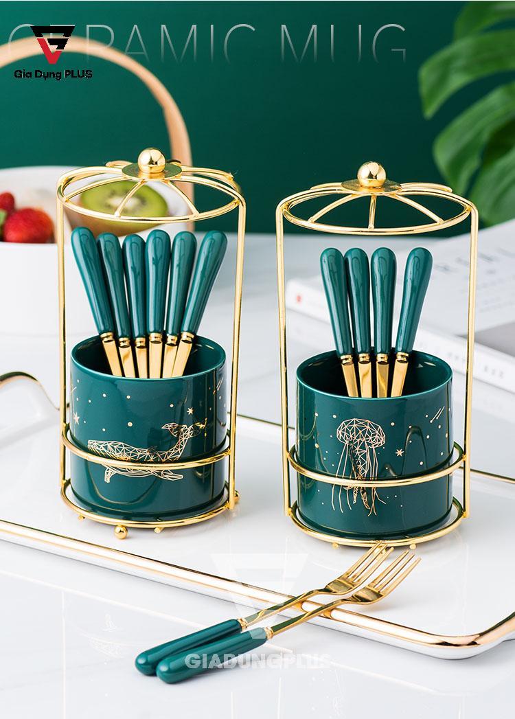 Bộ Ống Đựng Nĩa, Muỗng Bằng Sứ + 6 Nĩa Inox 304 Màu Xanh Lưu Ly QianHuiju | Màu xanh ngọc lưu ly cao cấp