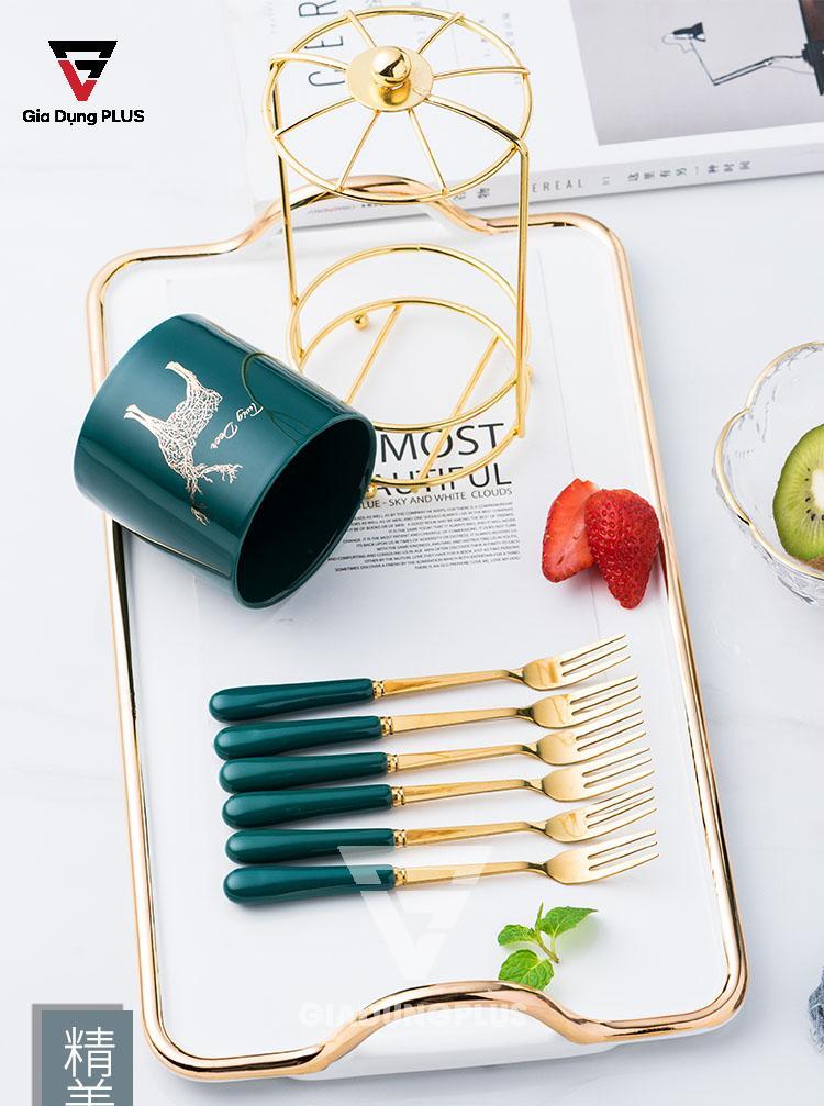 Bộ Ống Đựng Nĩa, Muỗng Bằng Sứ + 6 Nĩa Inox 304 Màu Xanh Lưu Ly QianHuiju | Set sản phẩm
