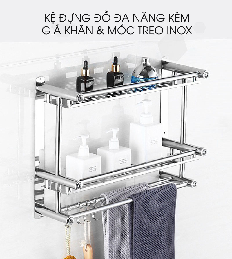Kệ đựng đồ đa năng inox, kèm thanh treo khăn cho phòng tắm Moyang | Đẹp và sang trọng
